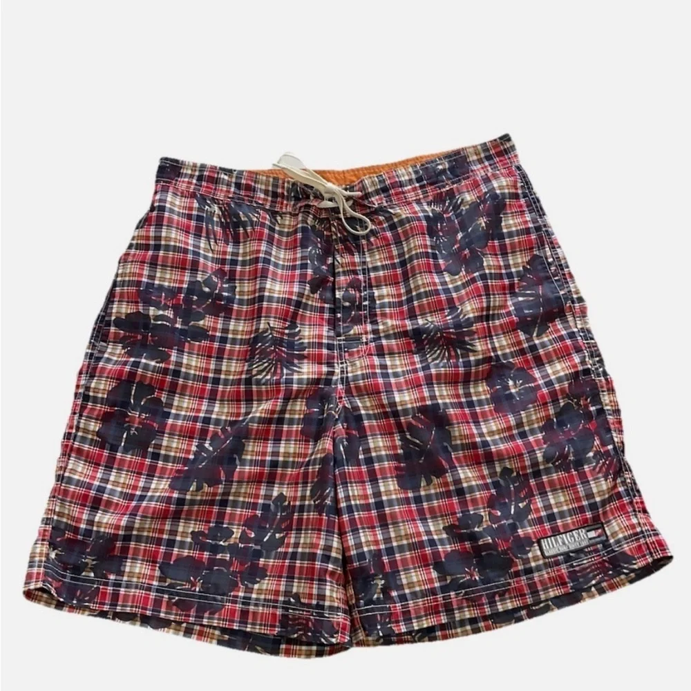 VTG Tommy Hilfiger Mens Lined Board Shorts plaid with palm trees Size LARGE - Picture 9 of 10